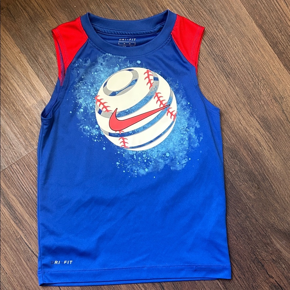 Nike Dri-Fit baseball sleeveless T-shirt size 6 blue/red/white - Picture 1 of 3